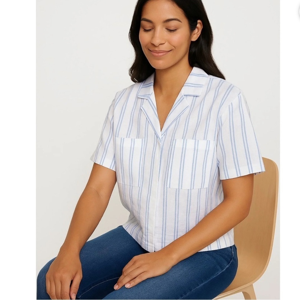 Buffalo David Bitton women’s L Blue White Striped Linen Shirt oversized boxy